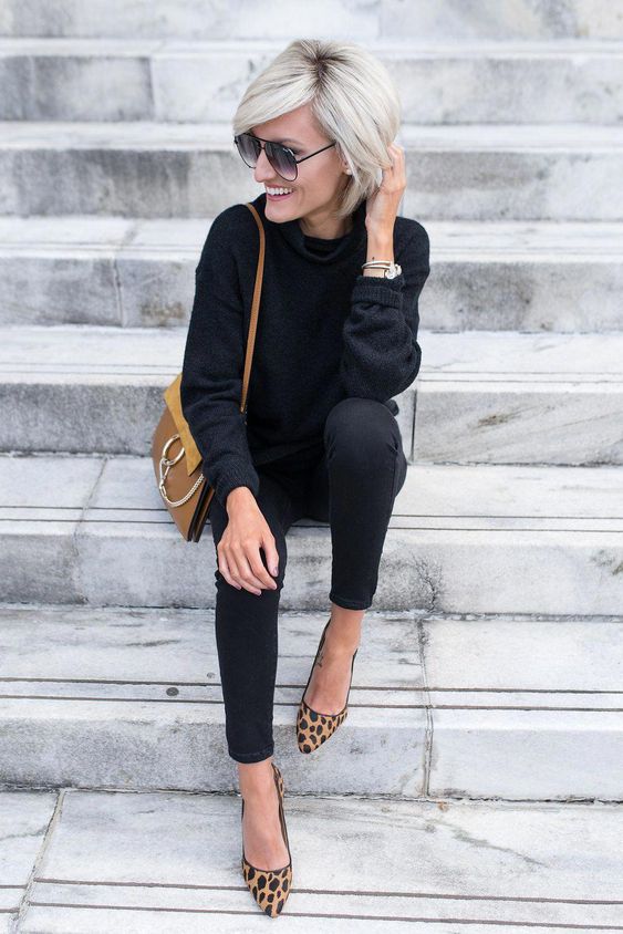 black dress with animal print shoes