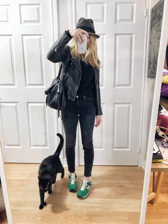 black jeans green shoes
