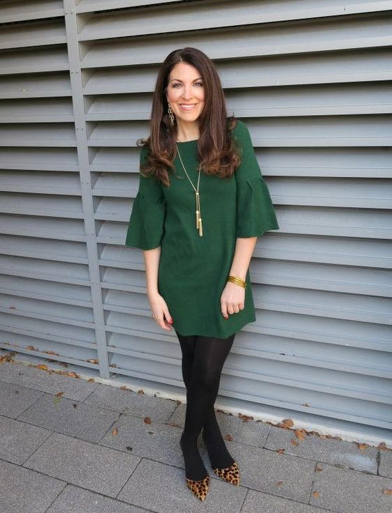 green dress and leopard print shoes