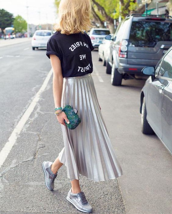 pleated midi skirt with sneakers