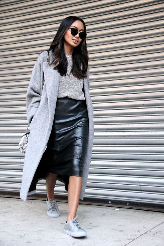 leather skirt and sneakers outfit