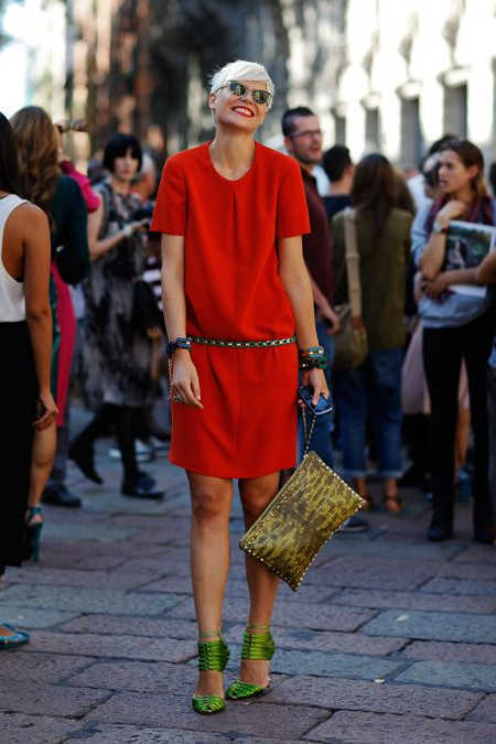 red dress green shoes