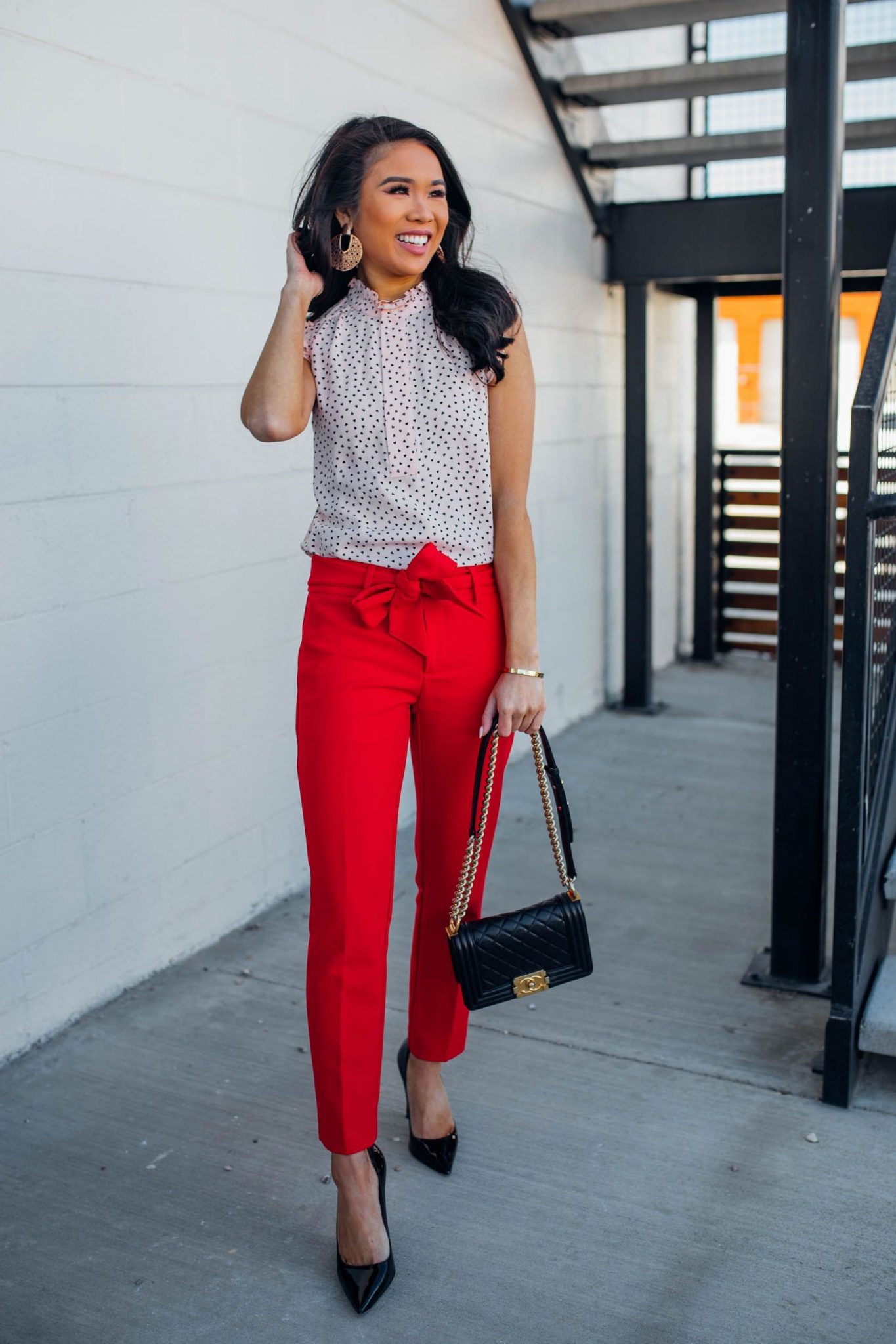 black pants red blazer