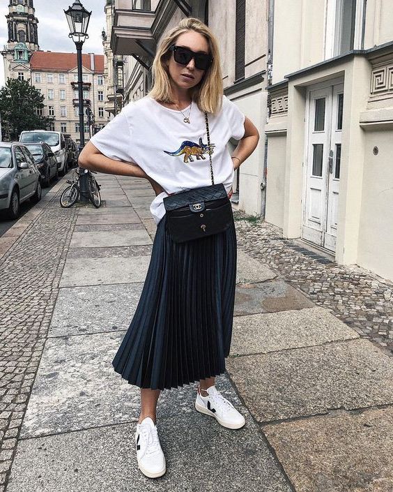 Midi Pleated Skirt And Sneakers 2023