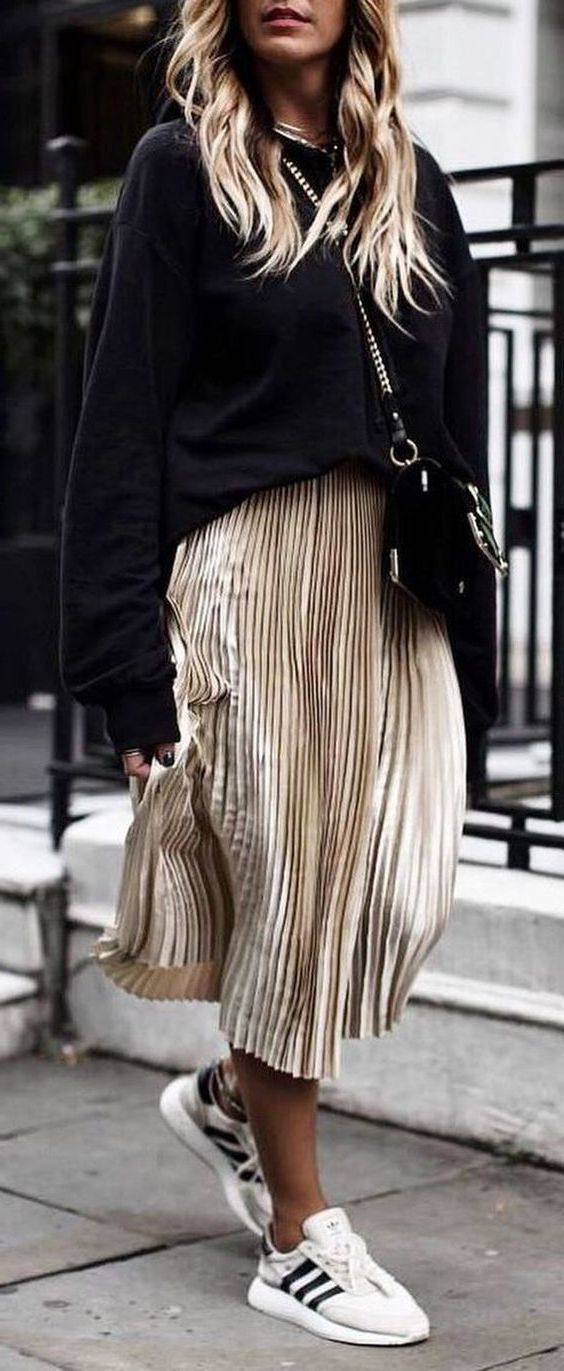 Midi Pleated Skirt And Sneakers 2023